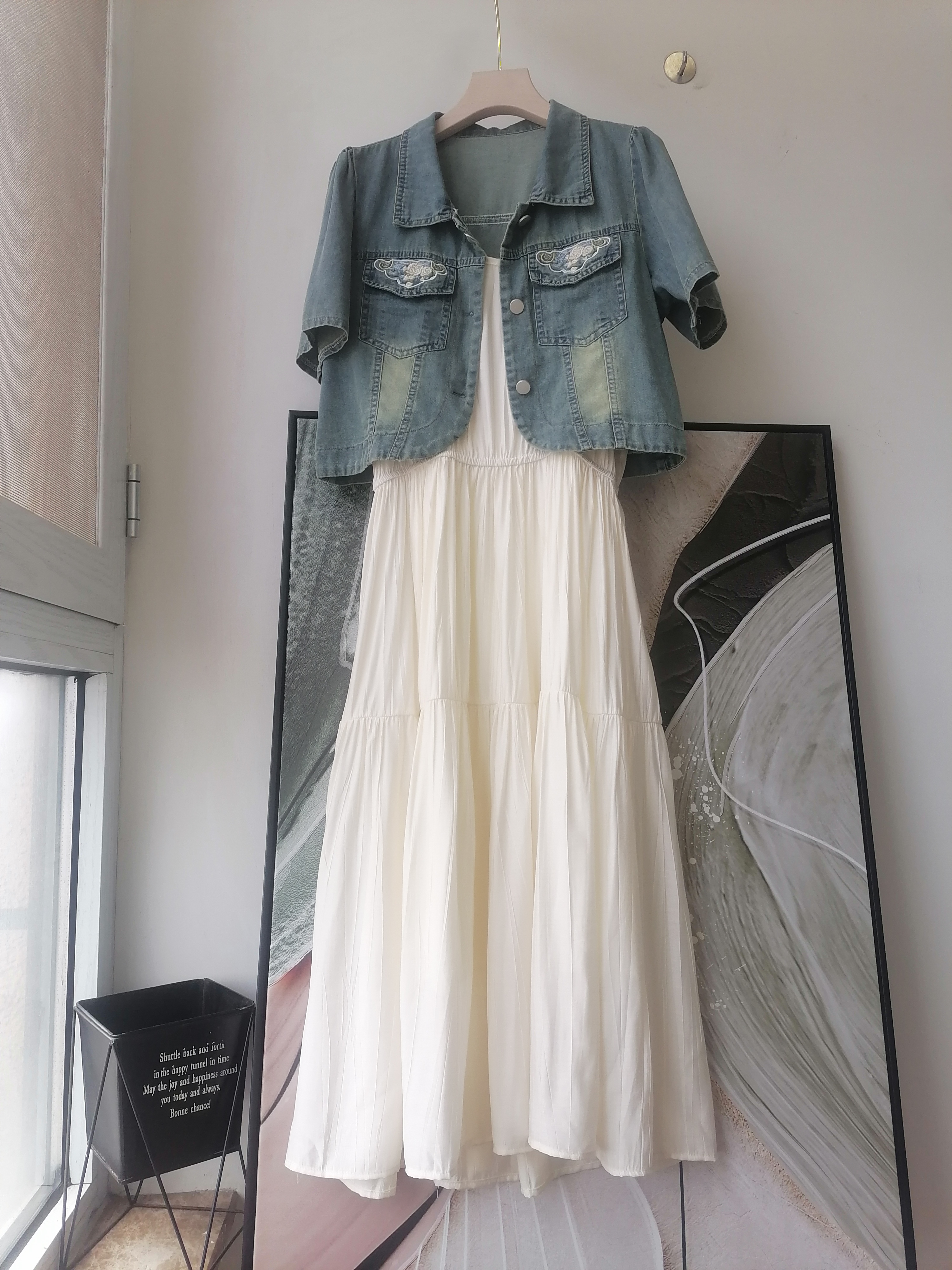 韩版连衣裙套装女夏季吊带中长裙+短袖刺绣牛仔短外套两件套女裙