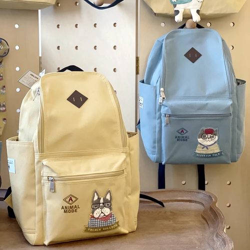 ㊣多袋大容量水杯位双肩背包 出口日本Kusuguru猫咪法斗刺绣书包