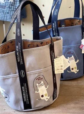 ㊣圆底手提水桶包 出口日本Kusuguru猫咪贴布刺绣手拎袋