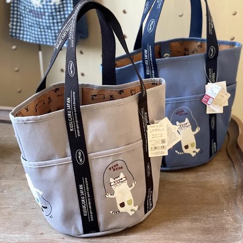㊣椭圆底手提水桶包 出口日本Kusuguru猫咪贴布刺绣手拎袋