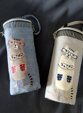 出口日本 19冬新刺绣猫咪水壶包水杯套铝箔包旅游保温杯水袋包