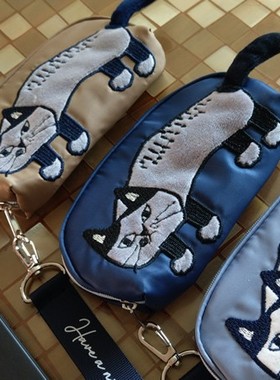 出口日本 立体小尾巴眼镜盒 猫咪法斗刺绣眼镜袋包手挽小化妆包