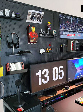 洞洞板电竞墙上隔板可定制置物架书房电脑桌装饰书桌收纳架展示架