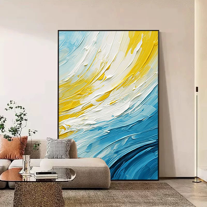 北欧蓝黄色肌理油画抽象玄关挂画沙发背景墙几何画客厅卧室装饰画