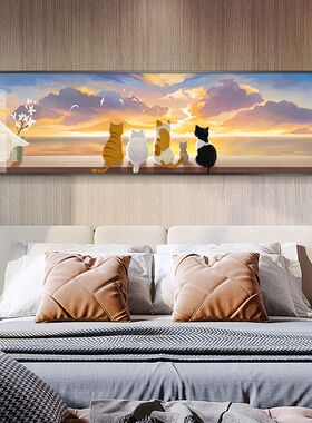 卧室装饰画猫咪温馨横幅高档大气简约现代床头墙壁挂画轻奢晶瓷画