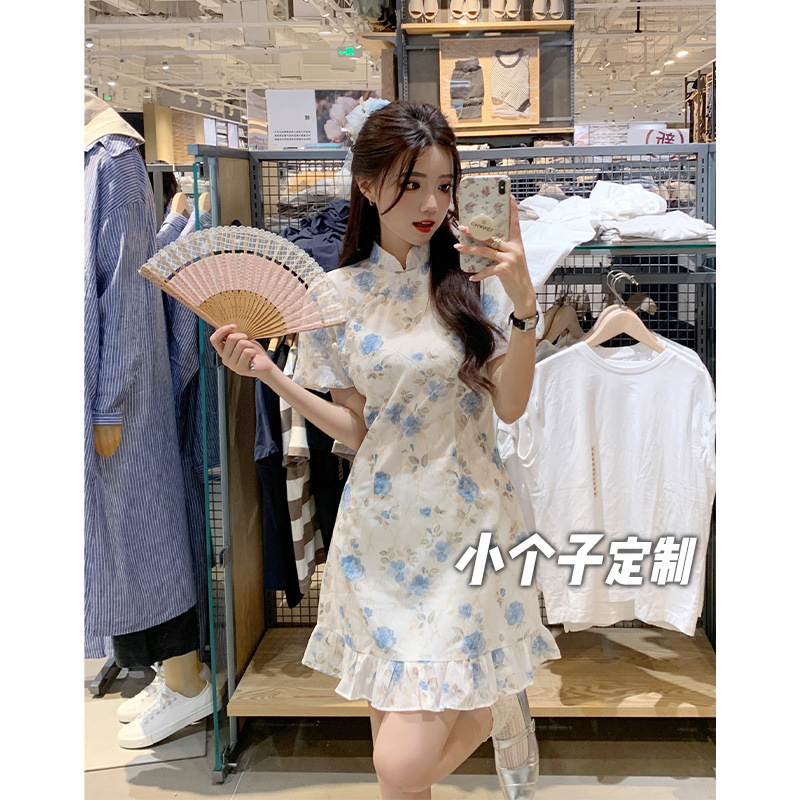 150小矮个子国风新中式改良旗袍连衣裙女收腰a字荷叶边短裙夏季