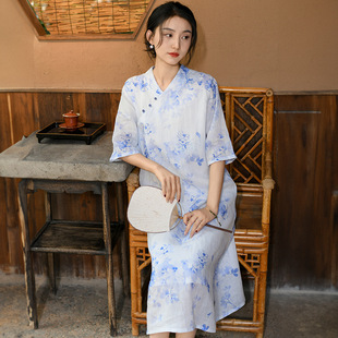 连衣裙女复古改良旗袍中国风茶服 苎麻女装 2025夏季 新款 新中式