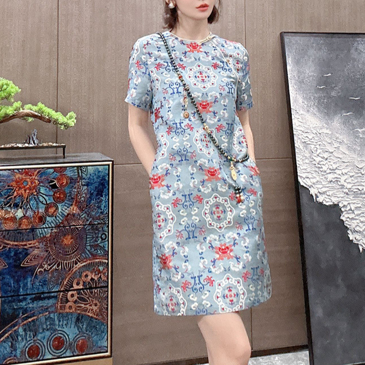新中式国风改良旗袍气质感超好看高端精致蓝色连衣裙子女夏季