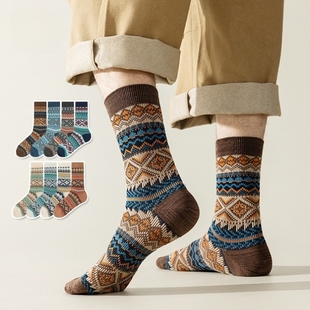 男士袜子无骨吸汗防臭复古男袜民族风长袜男款菱格双针长筒潮流袜