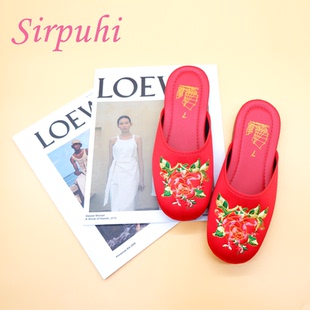 舒适室内外182 绸缎女平底四季 Sirpuhi2026年新款 刺绣花朵包头拖鞋