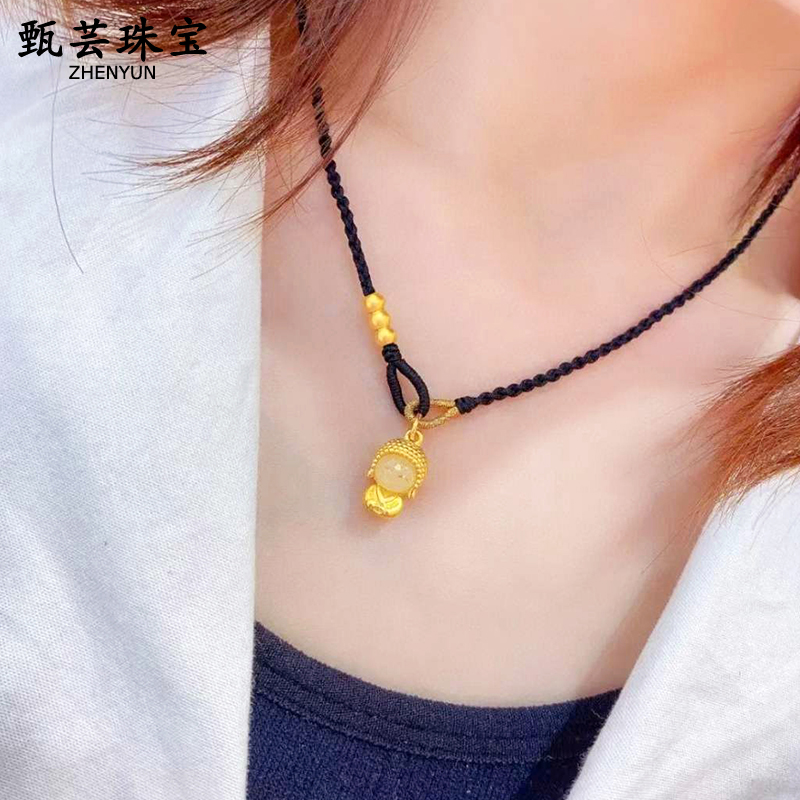 小萌黑绳项链金镶玉佛吊坠