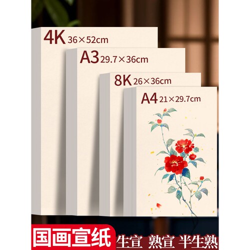 4K国画宣纸书法练字专用8K生宣A4熟宣A3半生半熟加厚画画美术作品