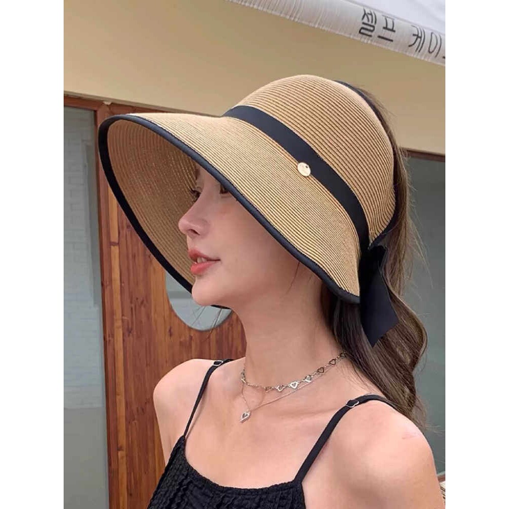 夏季大檐可折叠草帽女2024新款防紫外线出游时尚百搭遮脸空顶帽子