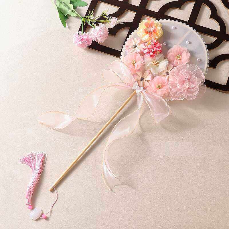 古风长柄团扇lolita道具汉服配饰飘带丝带圆扇子粉色花朵蝴蝶甜美