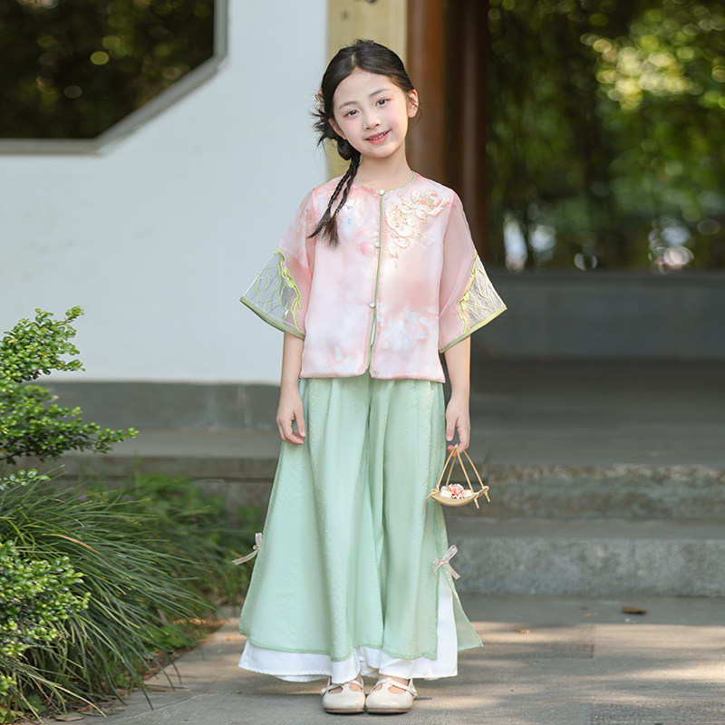 国风粉色汉服女童2026新款夏季薄款新中式儿童唐装演出服日常套装