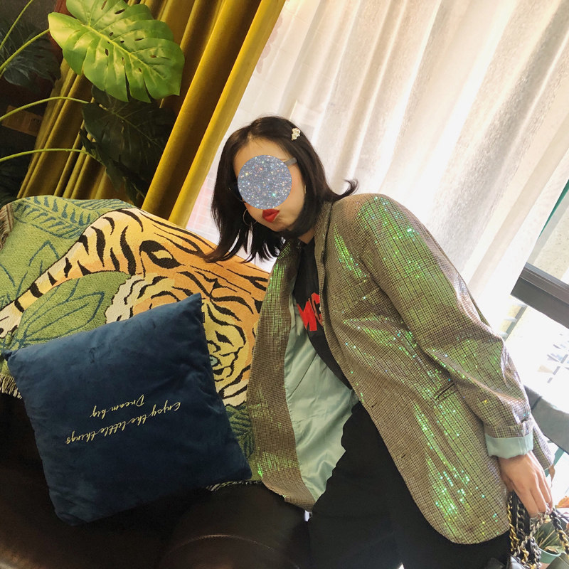 高级感bling珠光亮片小西装外套女2020春ins网红韩版格子西服上衣
