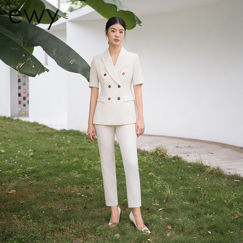 ewy时尚米白色短袖西服外套女职业西装套装售楼部经理工作服艺考