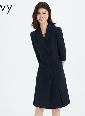 职业干练藏青色双排扣连衣裙女名媛西装裙女气质女神范修身显瘦