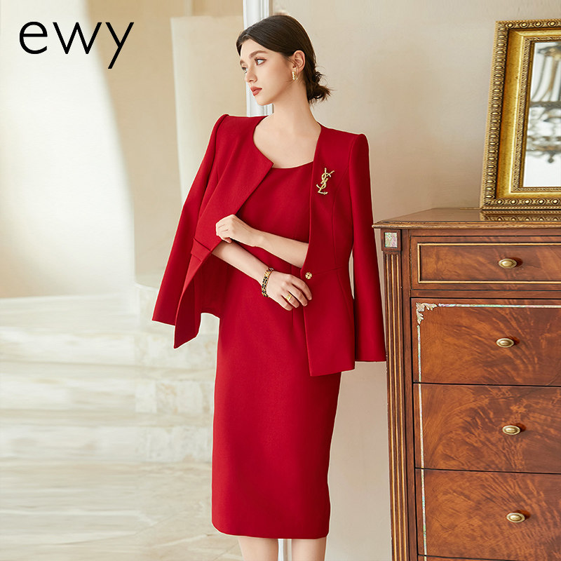 ewy时尚干练红色职业西服套裙女气质内搭连衣裙通勤商务女总裁OL