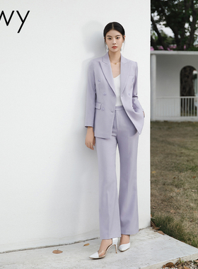 ewy春秋新款高端紫色双排扣西装套装气质主持人上镜韩版修身西服