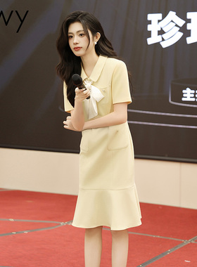 EWY夏季短袖连衣裙女气质播音主持上镜收腰商务职业裙工作服