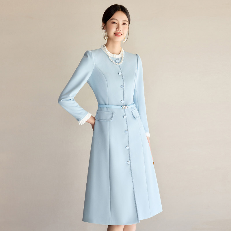 ewy优雅通勤风蓝色长袖连衣裙女收腰显瘦气质中长裙职场简约穿搭