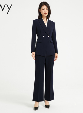 EWY春季新款时尚藏青色女士职业西服套装气质简约两粒扣西服外套