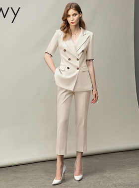 ewy夏季新款米白色短袖西装套裤女气质双排扣播音艺考西服职业装