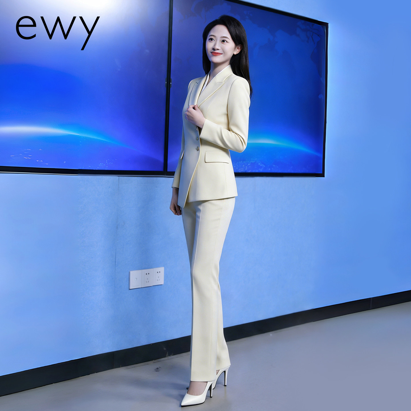 ewy主持人公务员商务西装职业套装女秋米白色高管教师讲解工作服