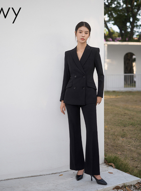 2025春秋新款简约干练黑色西装套装女双排扣修身显瘦上班职场工装