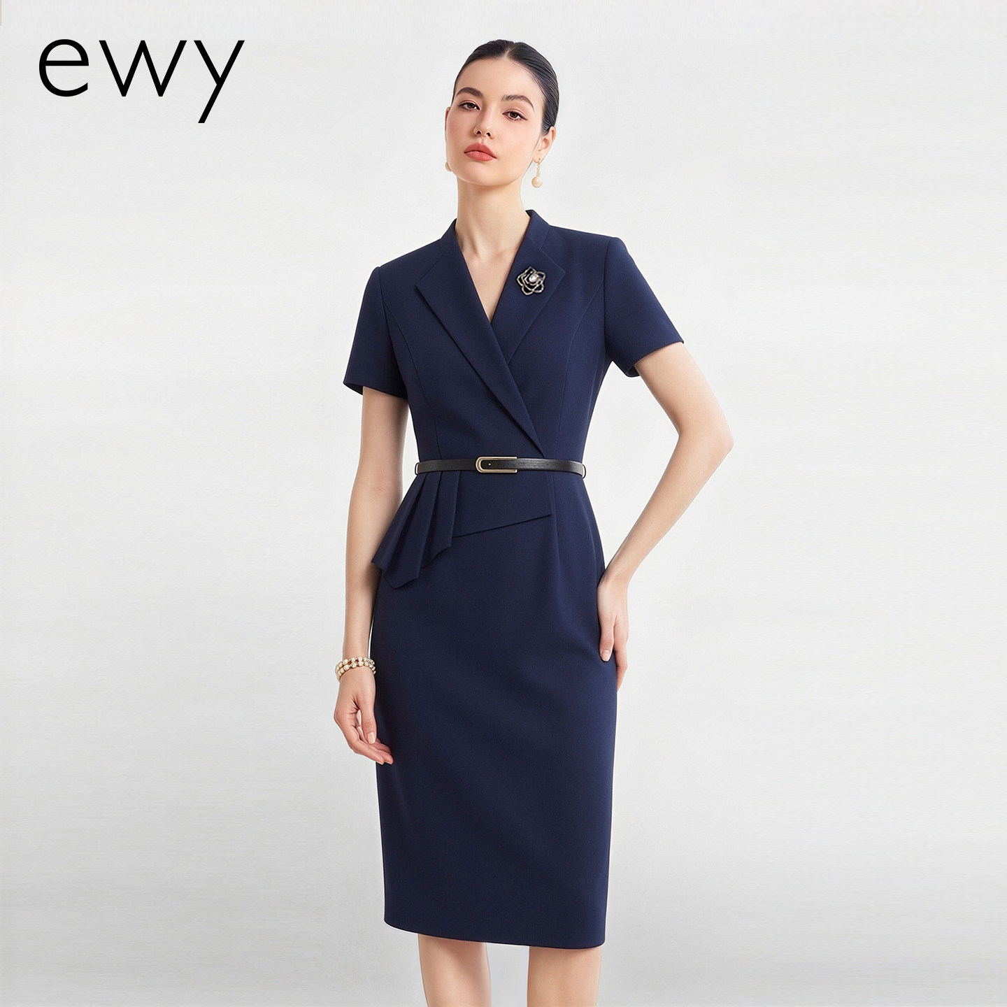 ewy夏季藏青色商务风职业装连衣裙女短袖收腰包臀裙气质通勤包裙