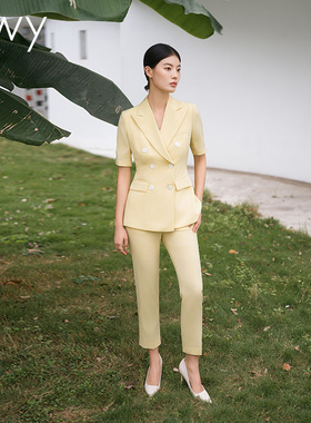 洋气黄色职业西装外套女2025夏西装套装职业商务气质女神范总裁OL
