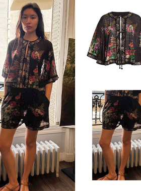 法式小众 2026春夏时尚印花前襟绑带半圆袖圆领上衣短裤套装女