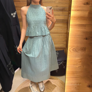 法式小众2026夏季褶裥设计美肩荷叶边上衣A字蓬蓬长半裙套装女