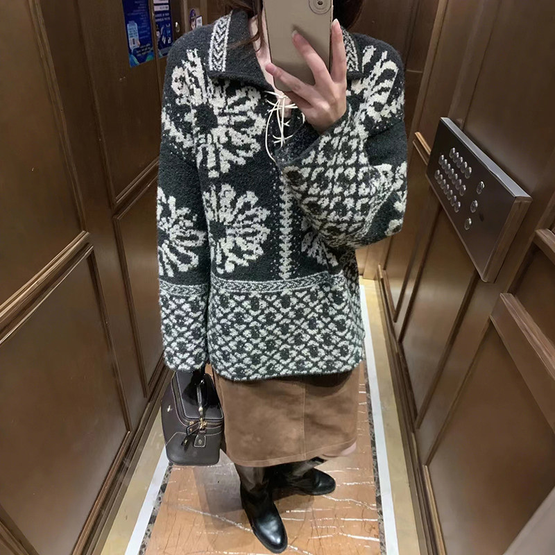 法式小众 2025秋冬新街拍费尔岛对花拼接系带宽松翻领套头毛衣女