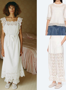 法式小众2026春夏白色镂空花边方领宽松连衣裙圆领T恤束脚裤女