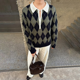 法式小众 2025秋冬新学院派混色翻领菱格纹减龄套头针织衫毛衣女