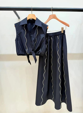 法单S家 2025夏季新款钻饰水波纹无袖打结收腰衫大裙摆半裙套装