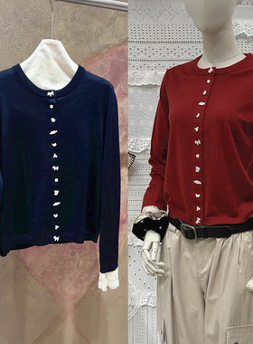 法式小众 2026早春趣味小狗鱼白鸽纽扣圆领针织蕾丝袖口开衫女