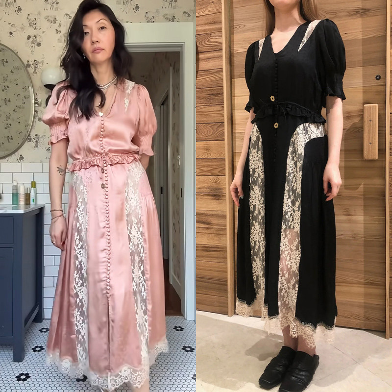 法式小众2026夏季轻奢蕾丝拼缎面暗花抽绳收腰包扣V领连衣裙女