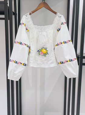 法式小众 2026春夏减龄蕾丝方领镂空十字刺绣泡泡袖淑女衬衣