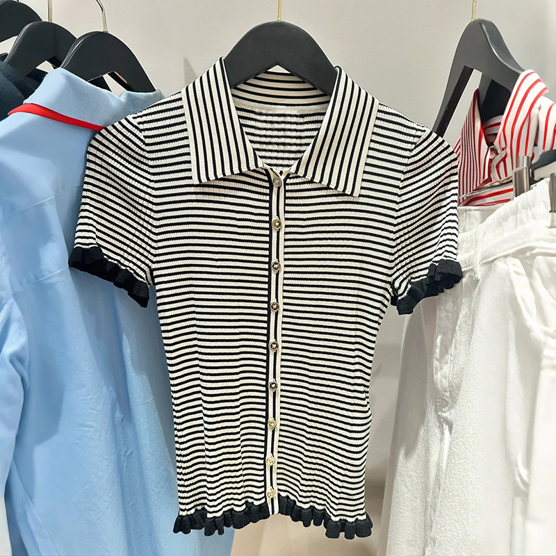 法式小众 2025春夏新款潮奢时尚荷叶边横条纹POLO领修身针织开衫
