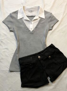 【灰影旧序】夏季灰色V领短袖上衣+短裤套装女小众设计日系小个子