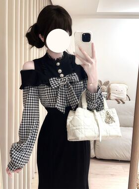 【心动女神】温柔清楚系日系蝴蝶结拼接格纹收腰显瘦鱼尾连衣裙