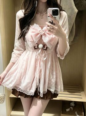 【棕巧甜心】日系软妹甜美开衫+蝴蝶结吊带+咖色短裙三件套