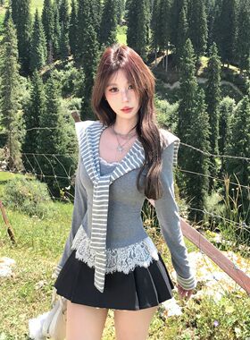 山谷晖恋 辣妹修身条纹坎肩+蕾丝t恤长袖上衣+半身裙三件套秋季