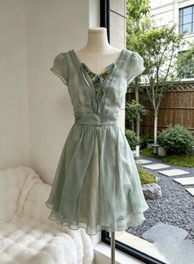【温柔薄荷】 古着vintage法式连衣裙夏季气质新款甜美收腰短裙女