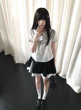 格蕾少女 夏季新款日系可爱波点娃娃衫上衣黑白系短裙半裙套装女