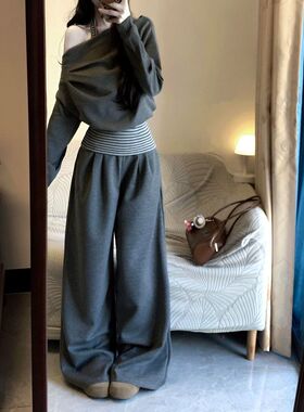 慵懒风灰色条纹挂脖假两件上衣女春秋新款宽松休闲阔腿裤运动套装