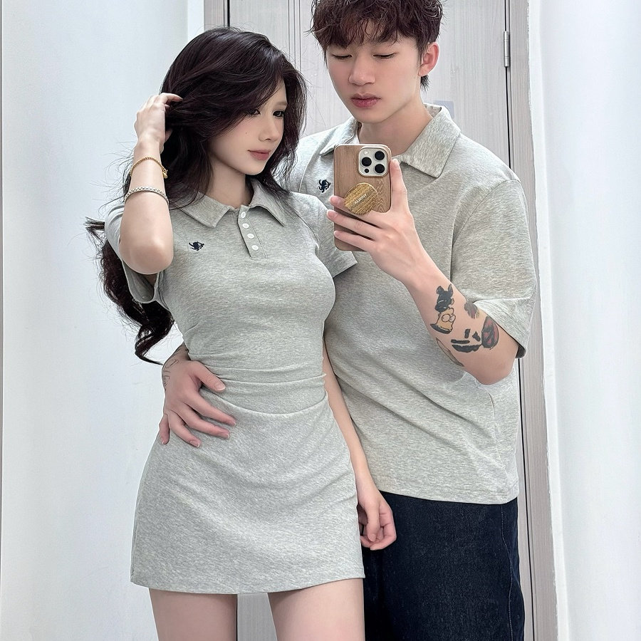 情侣装灰色刺绣polo领连衣裙女收腰美式辣妹微弹包臀短裙一裙一衣